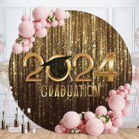 Aperturee Gold Bokeh Glitter Round Class Of 2024 Grad Backdrop | Personalized Grad Banner | Grad Backdrops For Photography | Grad Party Backdrop