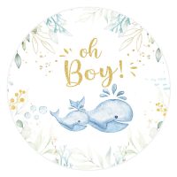 Aperturee Oh Boy Whale Green Leaves Round Backdrop For Baby Shower | Round Backdrop Fabric Cover | Circle Party Backdrop | Round Baby Shower Backdrop