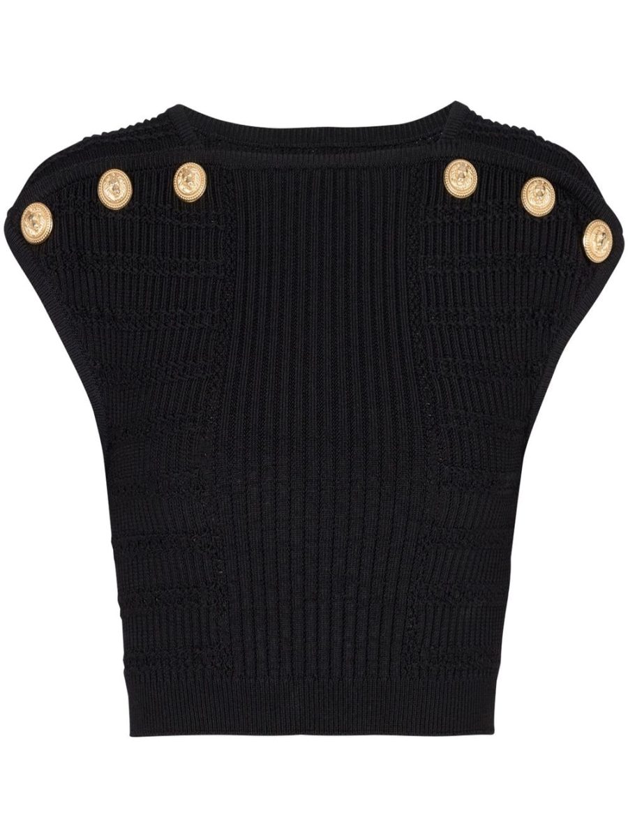 BALMAIN WOMEN 6 Button Knit Cropped Top Black Gold