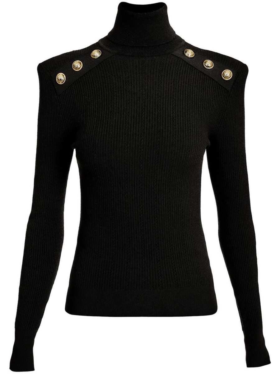 BALMAIN WOMEN Button Trimmed Turtleneck Sweater Black