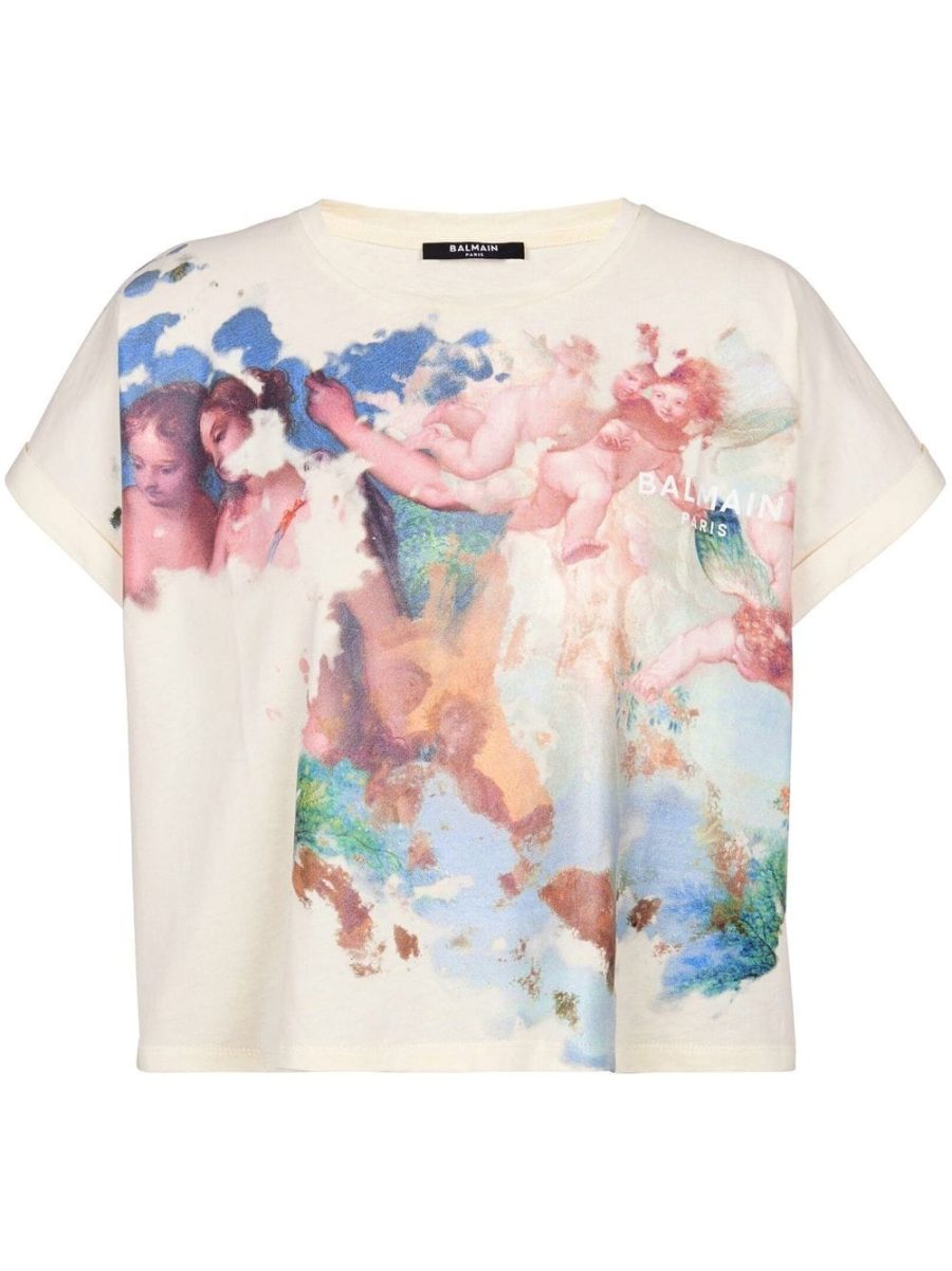 BALMAIN WOMEN Pastel Printed Cropped Shot Sleeves T-Shirt Multicolour