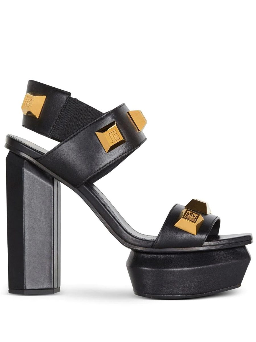 BALMAIN WOMEN Platform Sandals AVA Calfskin Studs Black Gold