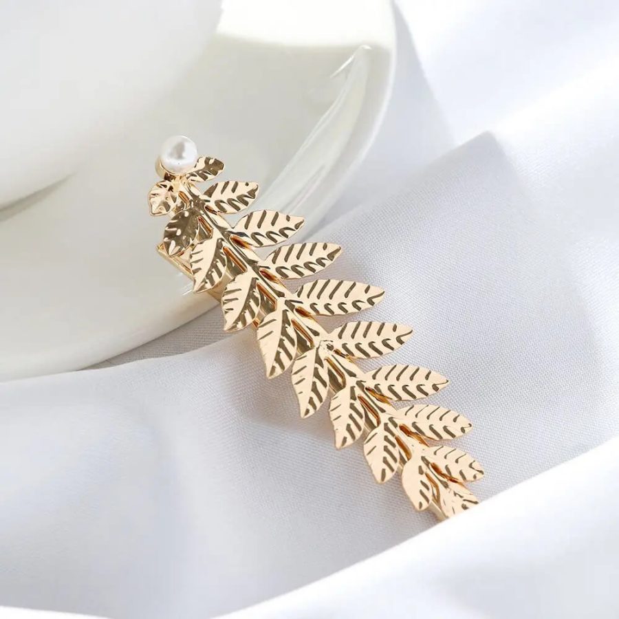 Bridal Golden Leaves Hairpin Brooch With Simulated Pearl