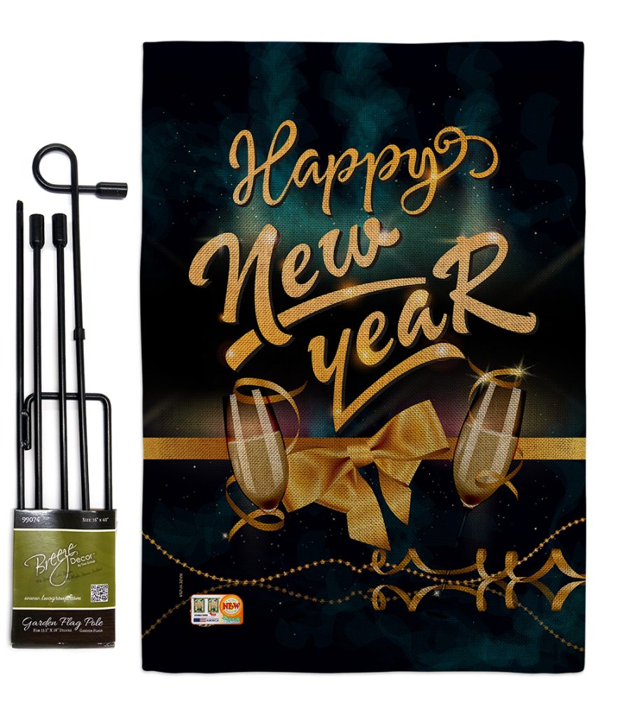 Cheerful New Year Burlap - Impressions Decorative Metal Garden Pole Flag Set GS1