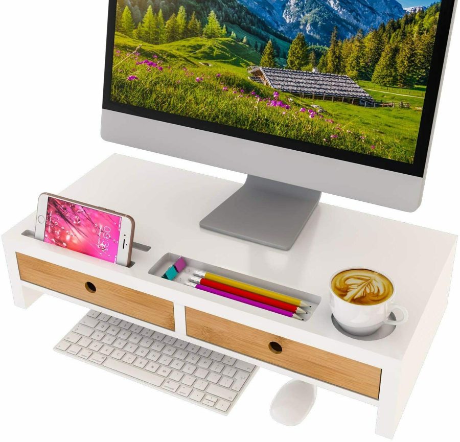 Computer Monitor Stand with Drawers - White Wood Laptop Screen Printer TV Riser