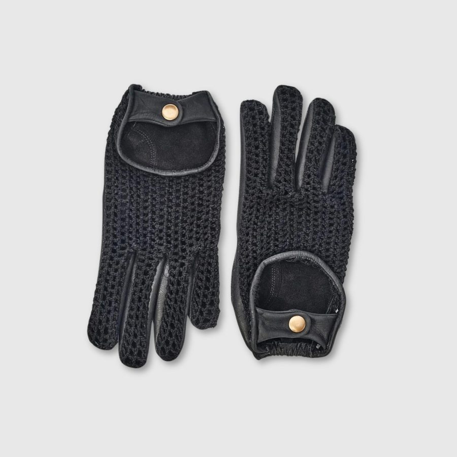 Crochet Knit Leather Driving Gloves - Black