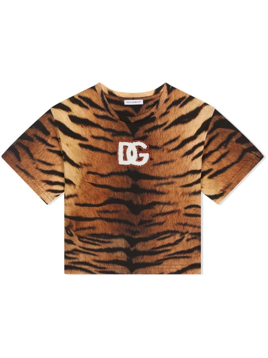 DOLCE & GABBANA KIDS Tiger-Print Cotton T-shirt Brown