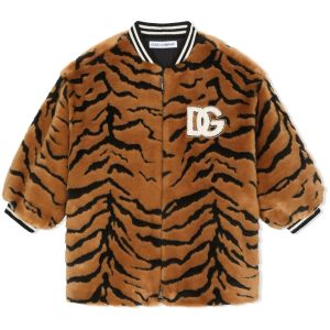 DOLCE & GABBANA KIDS Tiger-Print Varsity Jacket Brown