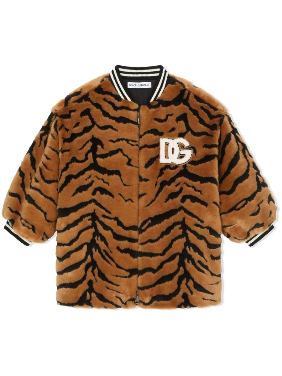 DOLCE & GABBANA KIDS Tiger-Print Varsity Jacket Brown