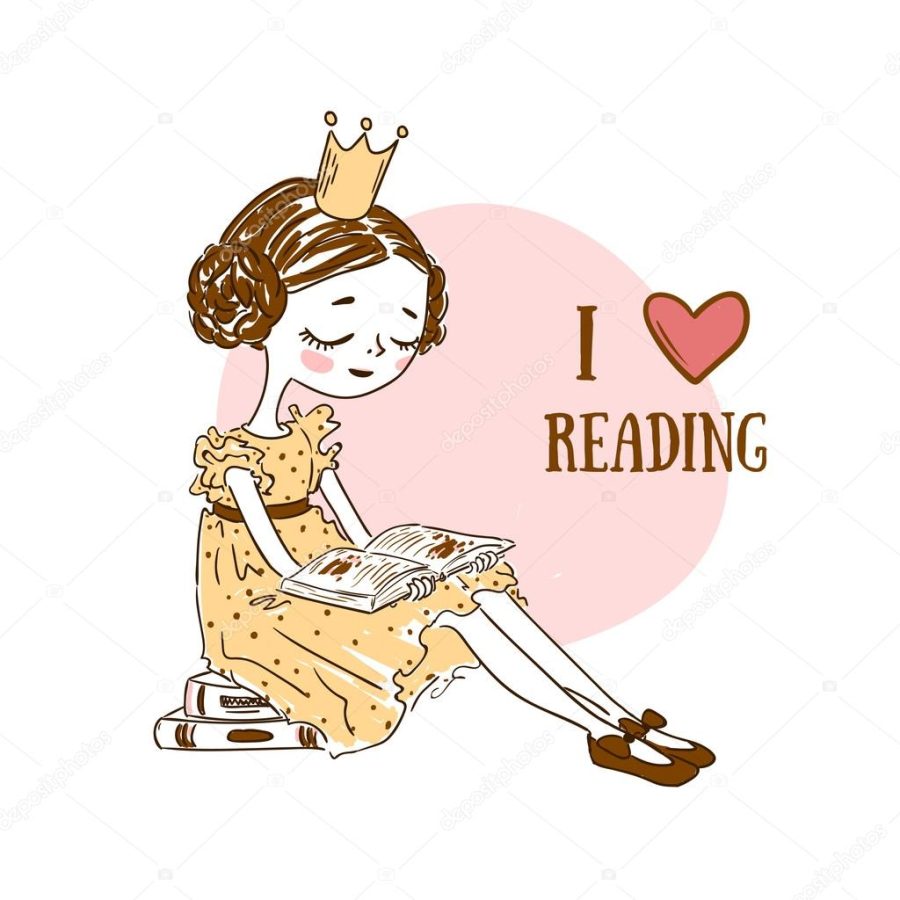 Doodle illustration of a funny little reading princess