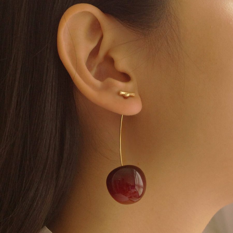 Drop Cherry Earrings With Gold Stems