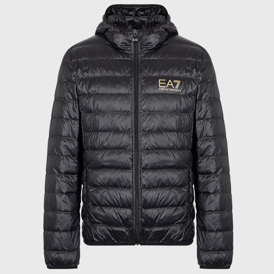 EA7 Men's Gold Logo Full Zip Puffer Jacket - Black - XL