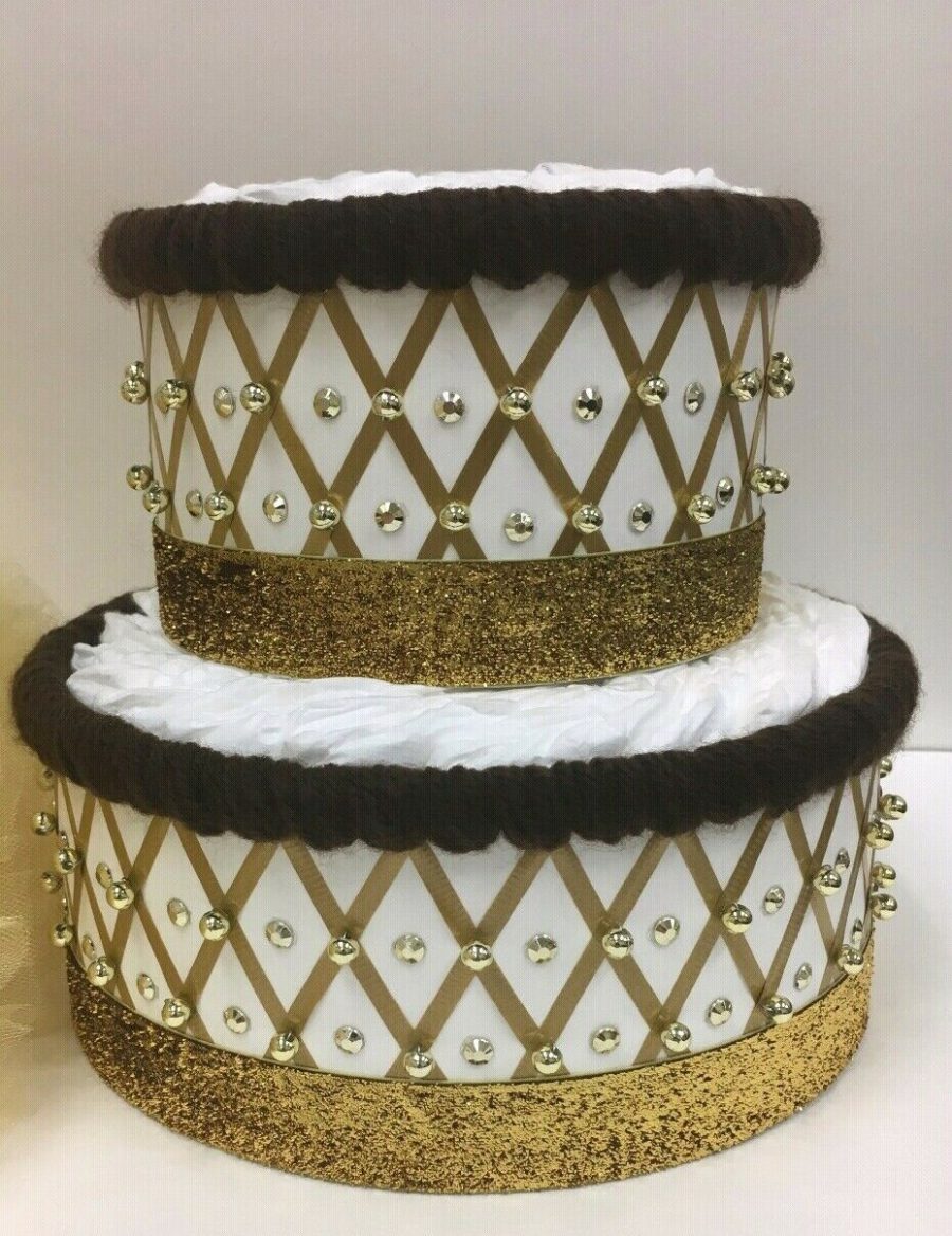 Gold and Brown Louis Vuitton Themed Baby Shower 2 Tier Diaper Cake Gift