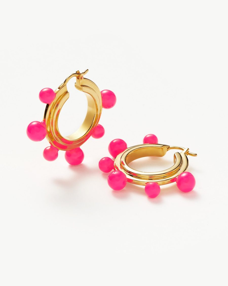 Good Vibes Neon Enamel Sphere Medium Hoop Earrings | 18ct Gold Plated/Hot Pink