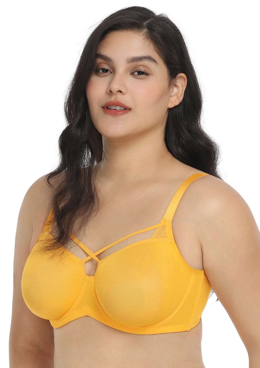 HSIA Billie Cross Front Strap Soft Sheer Mesh Unlined Bra and Panty Set - Yellow / 34 / C
