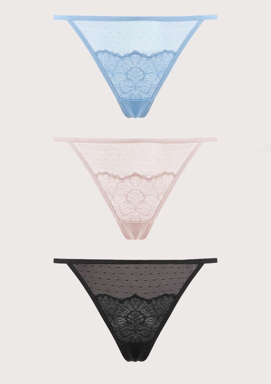 HSIA Blossom Floral Lace Mesh Cheeky Sexy String Thongs - 3 Pack - S / Storm Blue+Dark Pink+Black