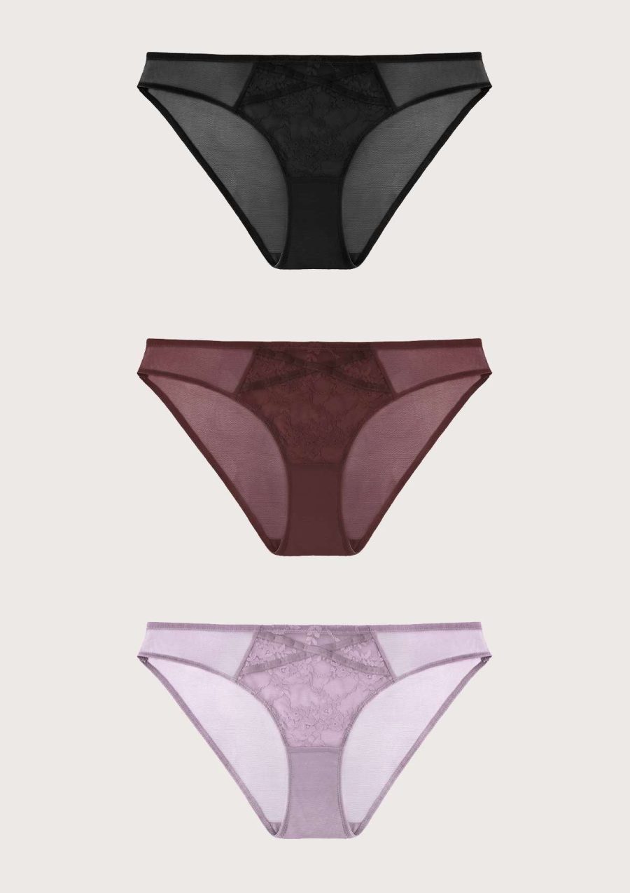HSIA Elegant Mid-rise Lace Front Bikini Panties 3 Pack - S / Black+Dark Red+Purple