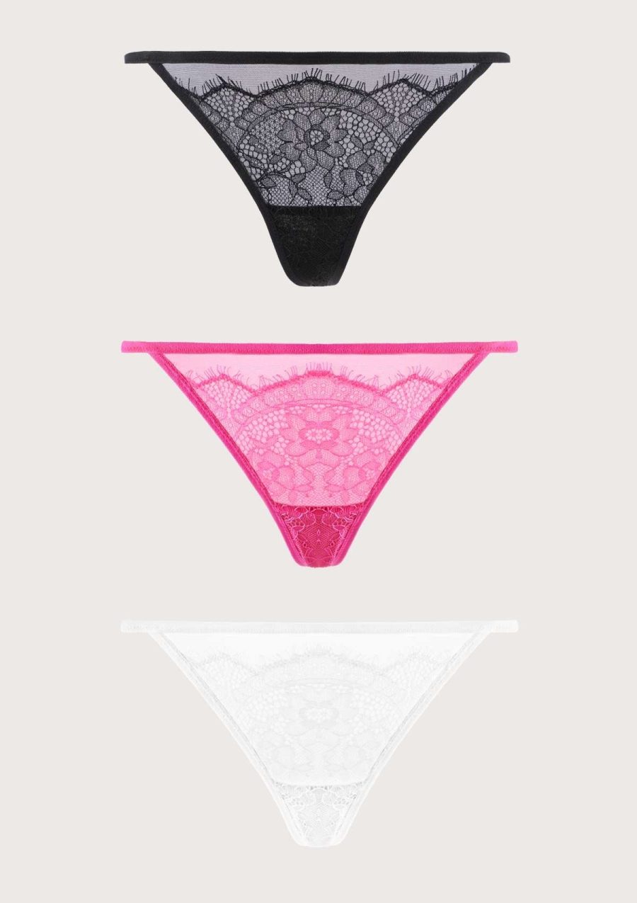 HSIA Mesh Eyelash Lace String Thongs 3 Pack - S / Black+Pink+White