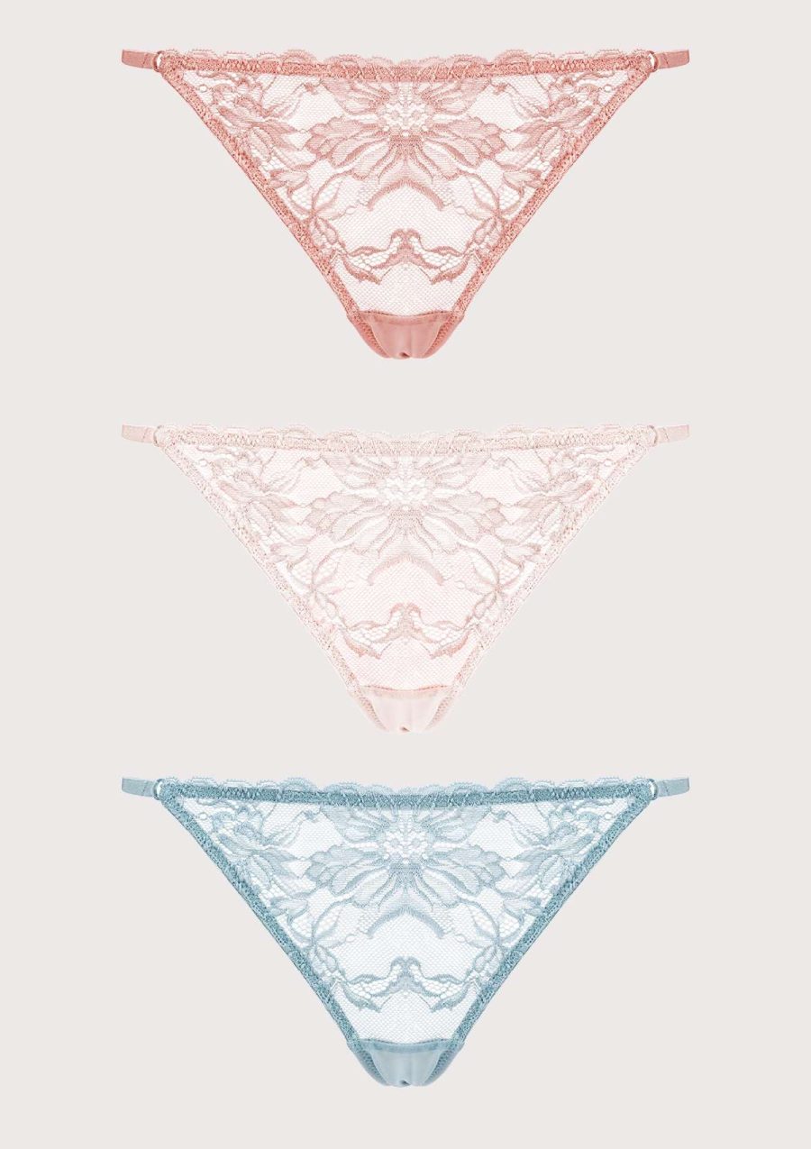 HSIA Pretty In Petals: 3-Pack of Sexy Floral Chic Lace String Thongs - S / Light Coral+Dusty Peach+Pewter Blue