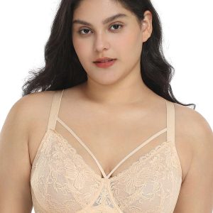 HSIA Pretty In Petals: Strappy Lace Sheer Bra For Side and Back Fat - Beige Cream / 34 / H