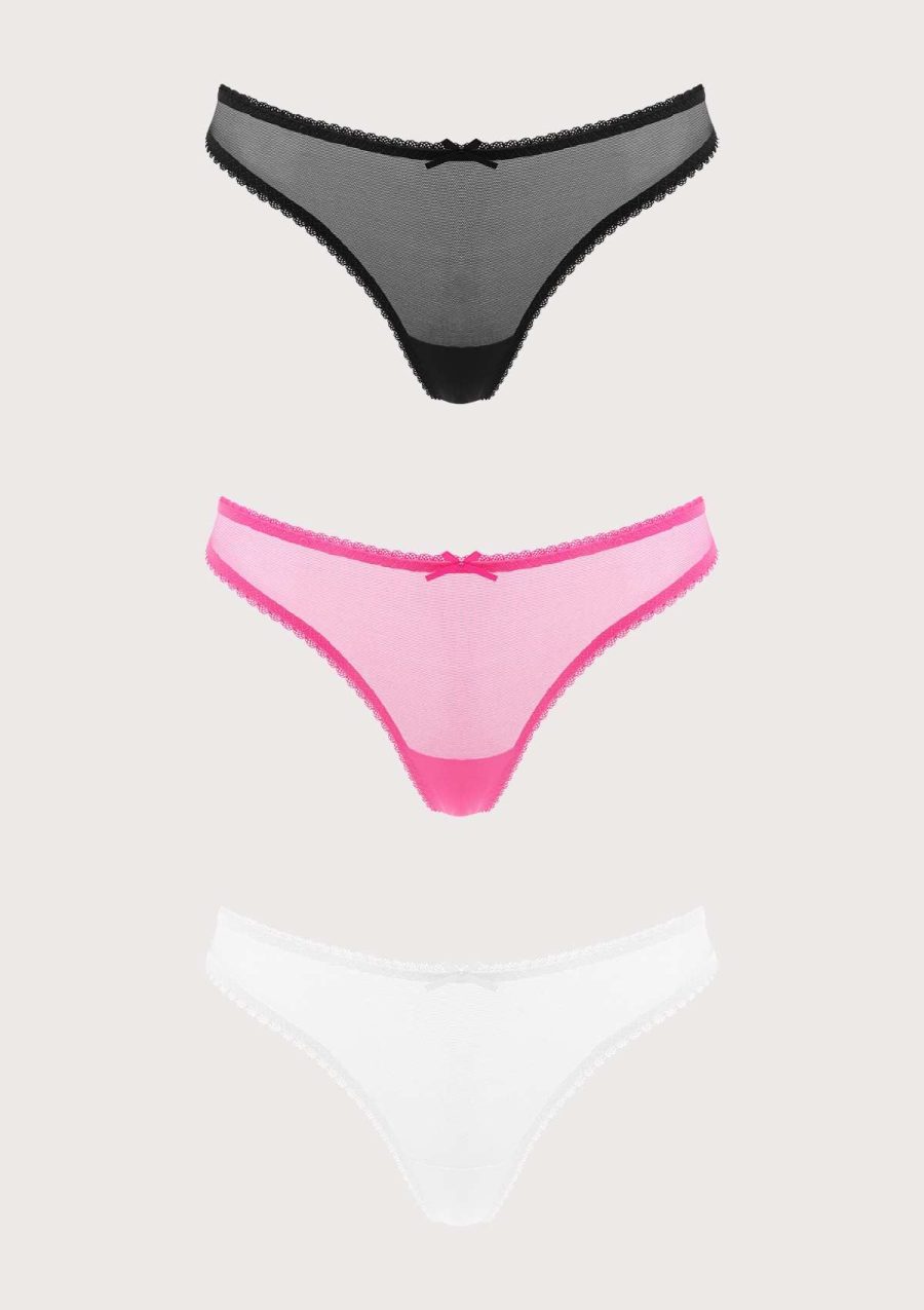 HSIA Sexy Mesh Eyelash Lace Trim Thong Underwear 3 Pack - XL / Black+White+Light Coral