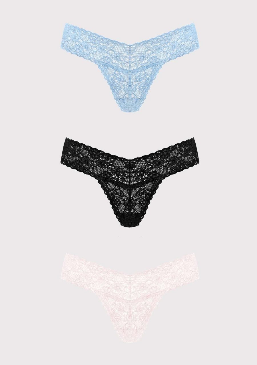 HSIA Soft Sexy Lace Cheeky Thong Underwear 3 Pack - M / Black+Storm Blue+Dusty Peach