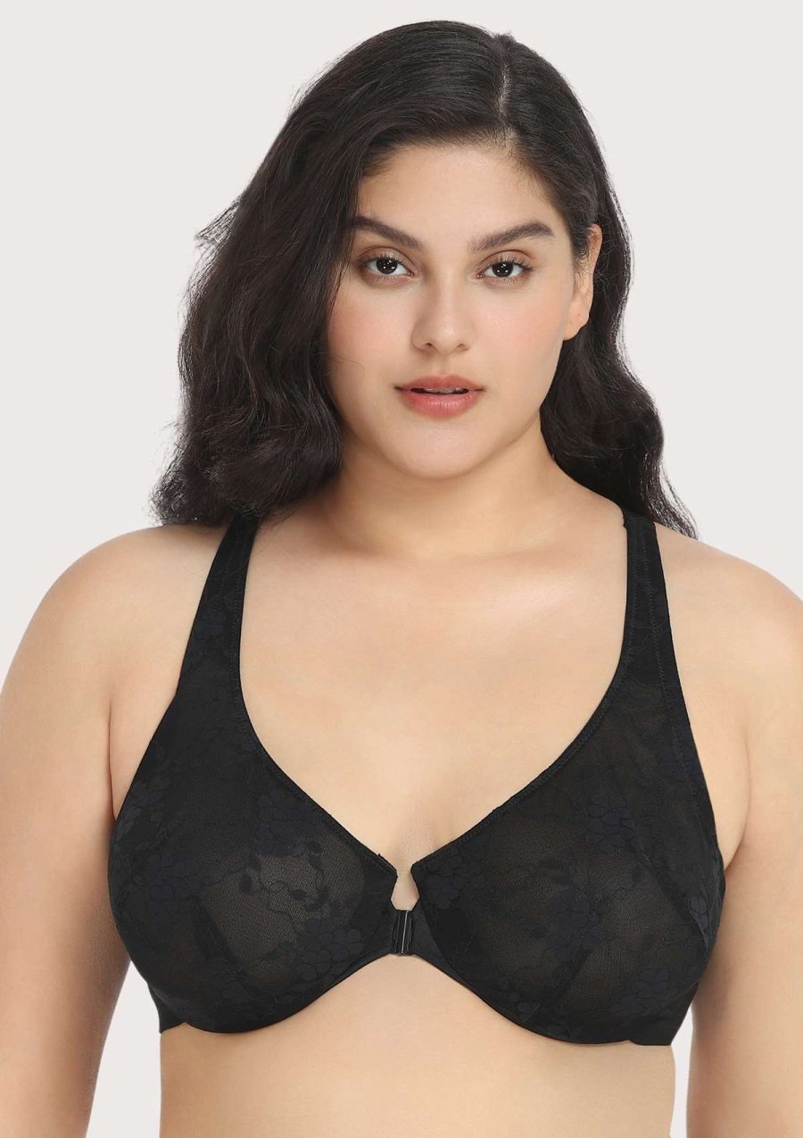 HSIA Spring Romance Easy Front-Close Floral Lace Unlined Bra Set - Black / 34 / C