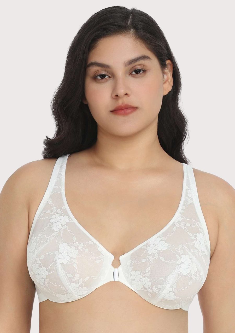 HSIA Spring Romance Front-Close Floral Lace Unlined Bra Set - White / 34 / C
