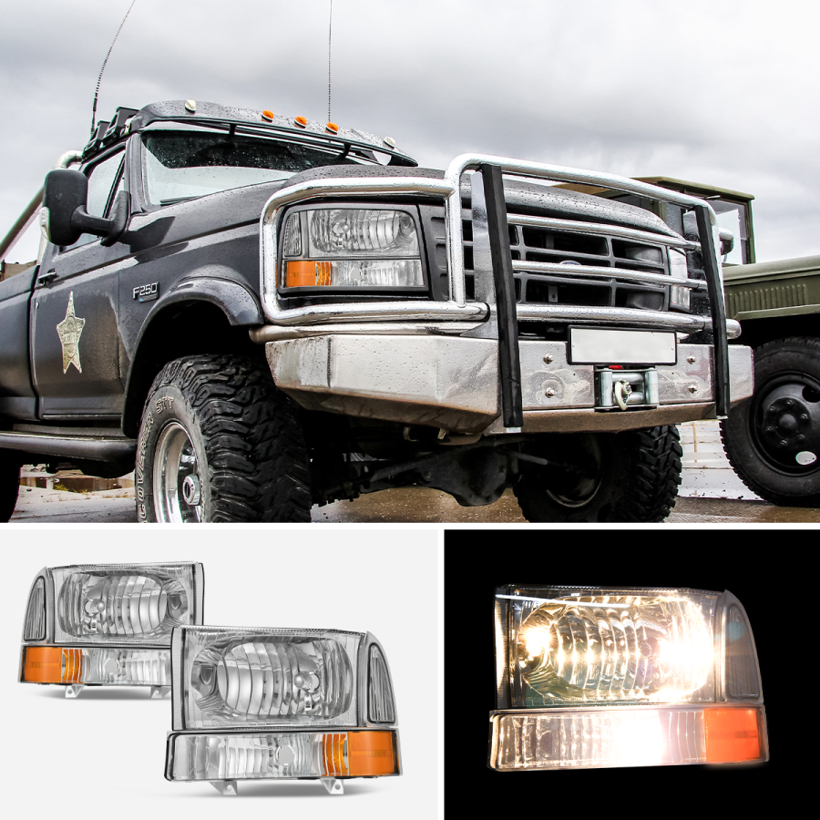 Headlight Assembly for 1999-2004 Ford F250 F350 F450 F550 Super Duty Chrome Housing Clear Lens w/Signal Lamps