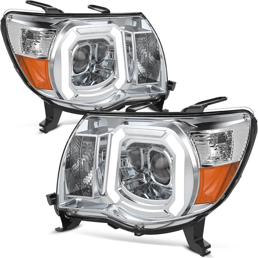 Headlights Assembly for 2005-2011 Toyota Tacoma, Dual Projector LED Chrome Housing Amber Reflector Headlights
