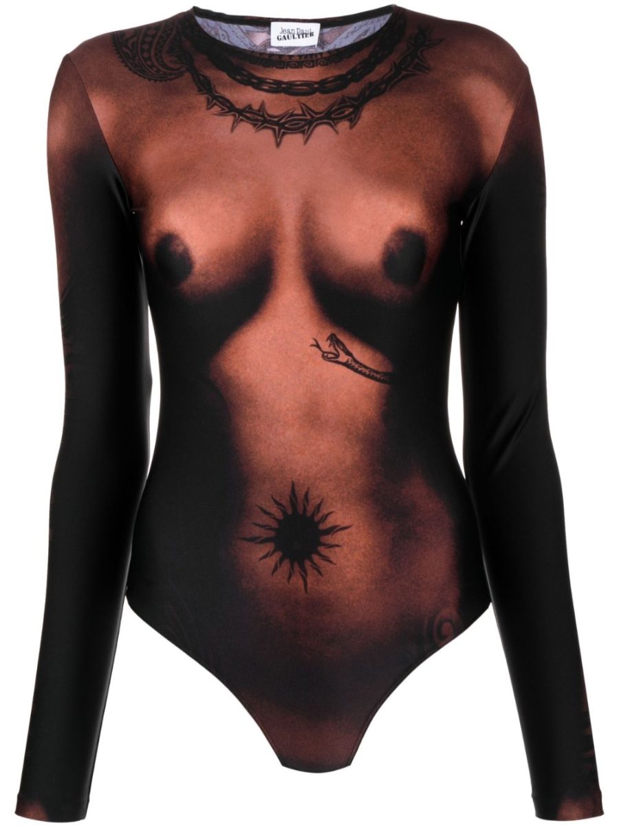 JEAN PAUL GAULTIER WOMEN Long Sleeve Printed Bodysuit Dark Nude