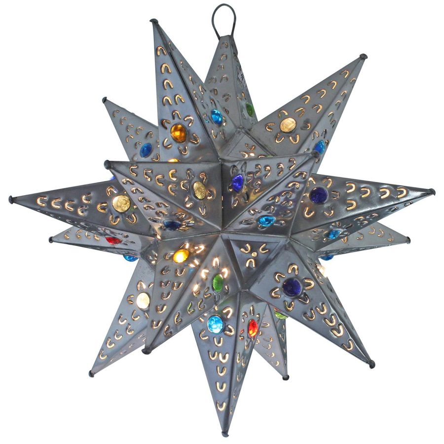 Large Mexican Tin Petalos Star with Marbles: with Natural Finish