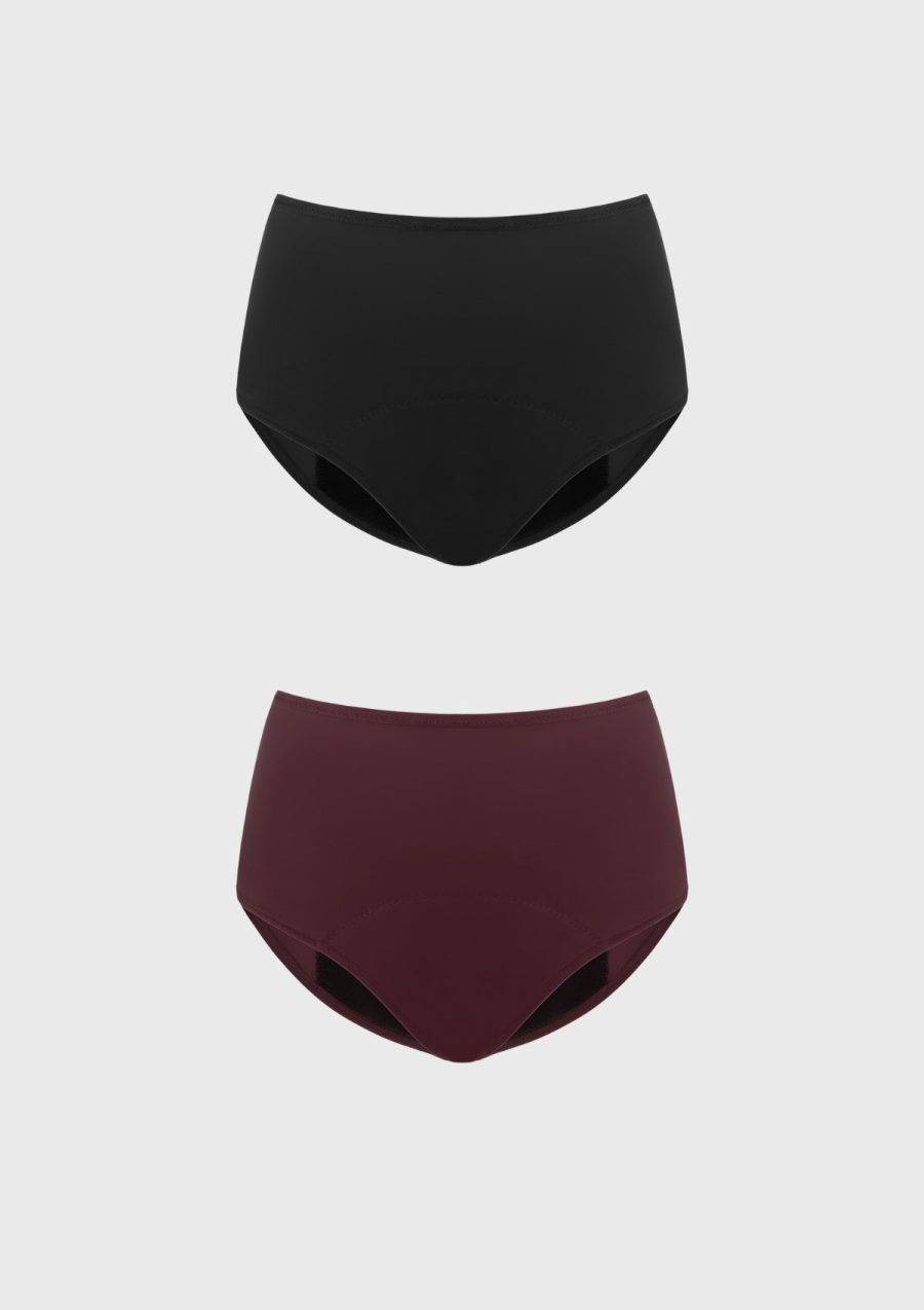 LeakLock High-Rise Period Brief Underwear - S / Black+Wine Red