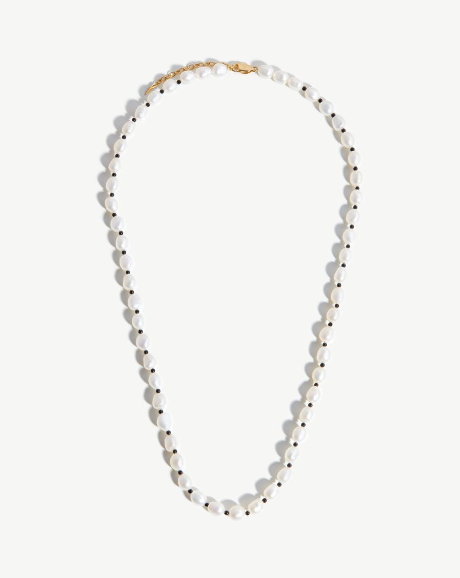 Long Pearl Beaded Gemstone Necklace | 18k Gold Plated/Pearl & Black Onyx