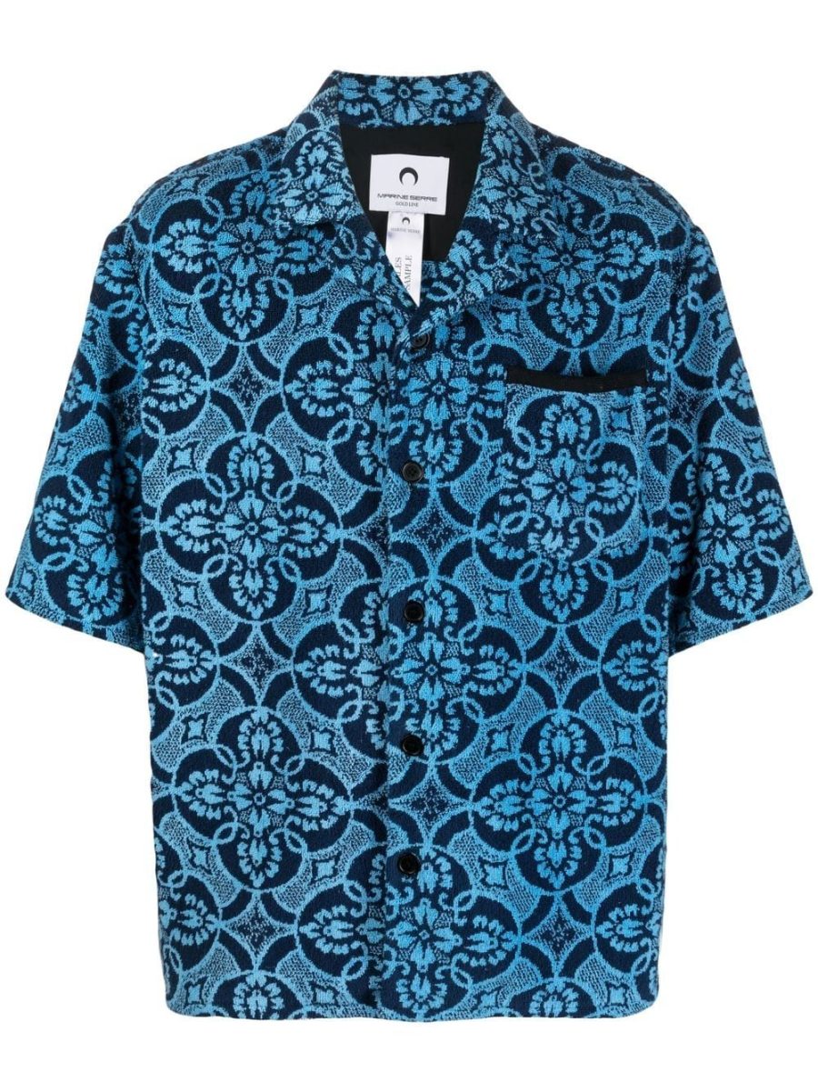 MARINE SERRE Oriental Towel-Print Short-Sleeve Shirt Blue