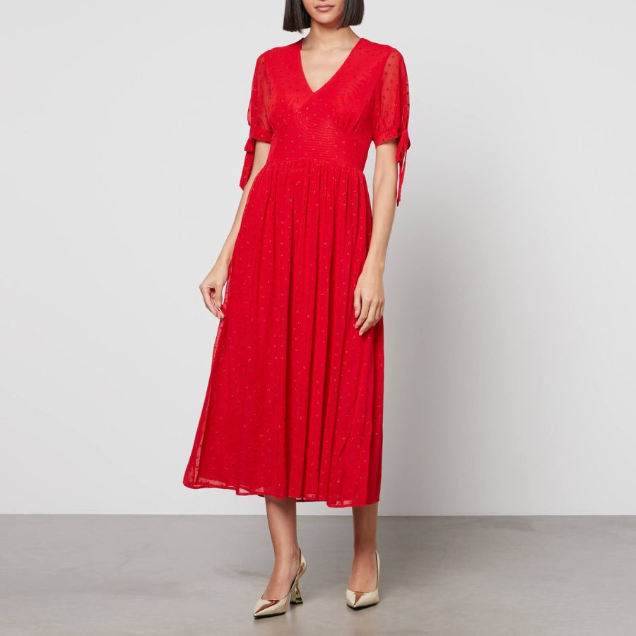 Never Fully Dressed Red Heart Flocked Chiffon Midi Dress - UK 6