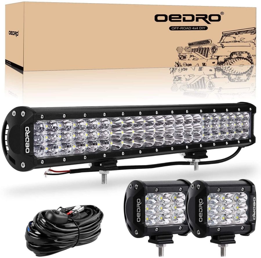 OEDRO 20" 300W Tri-Row LED Light Bar with 2pcs 4" 27W Light Pod + Wiring Harness