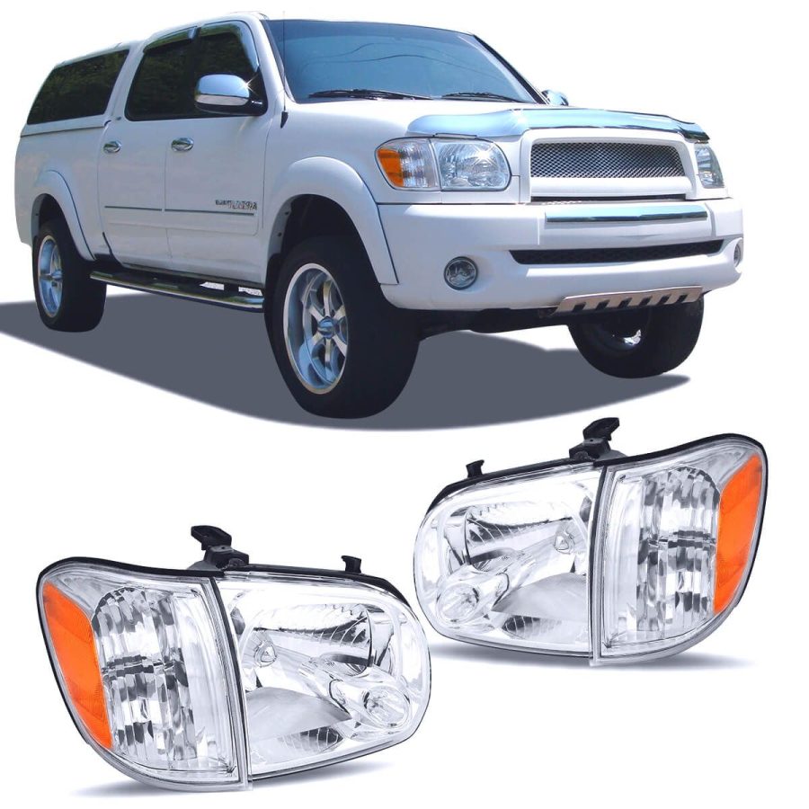 OEDRO Headlight Assembly for 2005-2006 Tundra(Double Cab/Crew Cab Only)/2005-2007 Sequoia with Amber Reflector Chrome Housing
