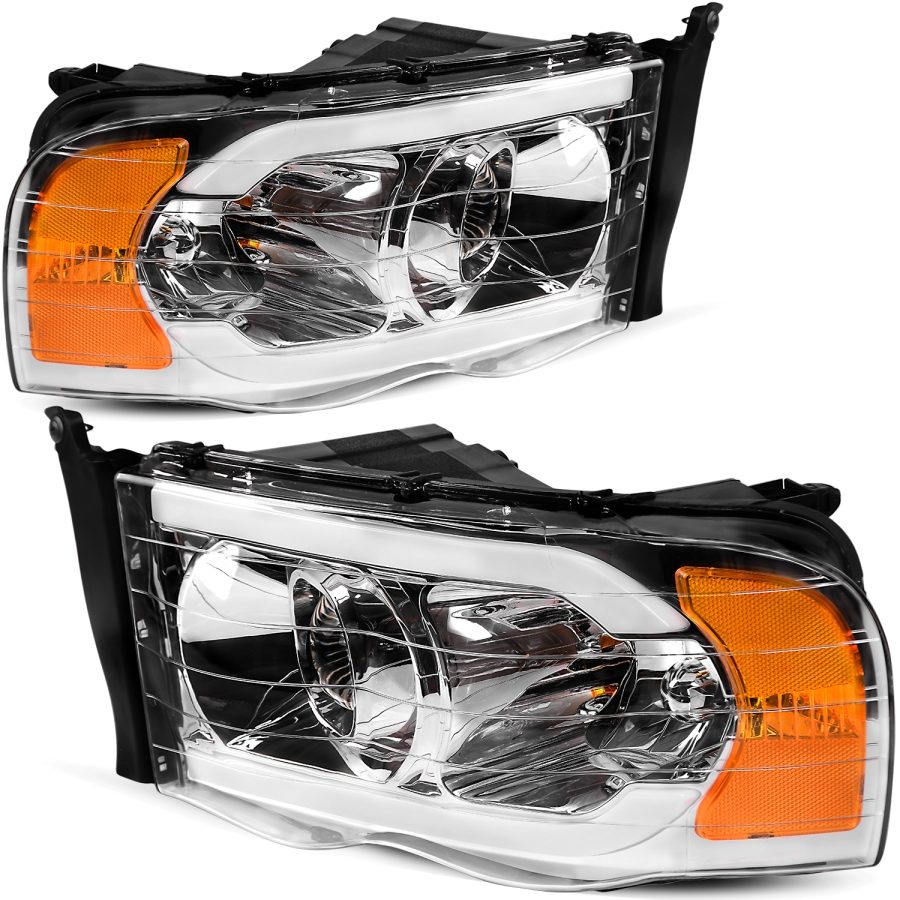 OEDRO? Headlights Assembly for 2002-2005 Dodge Ram 1500 2500 3500, LED Tube DRL Projector Chrome Housing