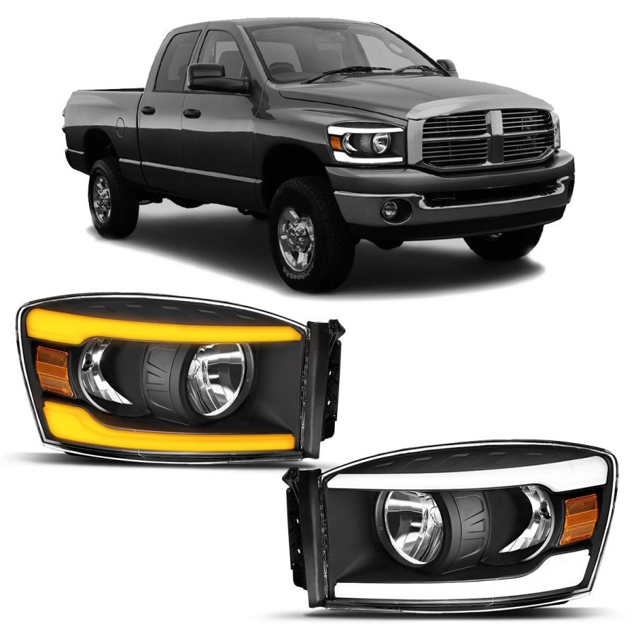 OEDRO LED DRL Headlight Assembly for 2006-2008 Dodge Ram 1500 & 06-09 2500 3500 w/ Sequential Turn Signal, Clear Lens Black Housing