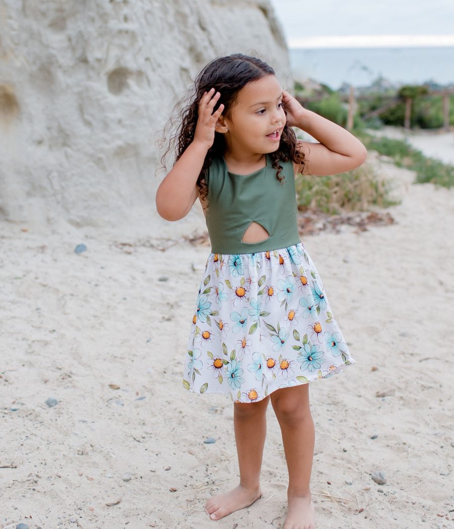 Olive Back Bow Daisy Floral Dress
