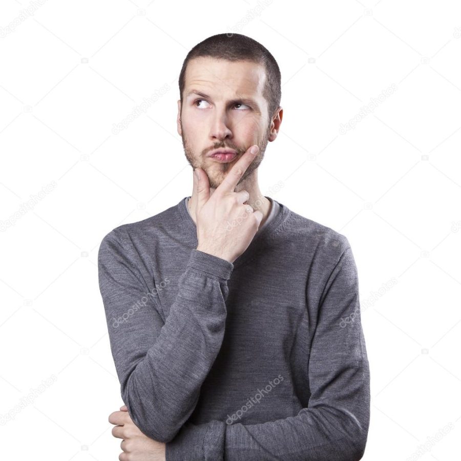Portrait of handsome young thoughtful man isolated over white ba