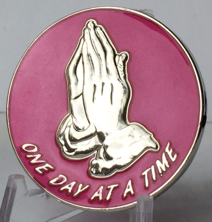 Praying Hands One Day At A Time Pink Silver Plated Medallion Serenity Prayer