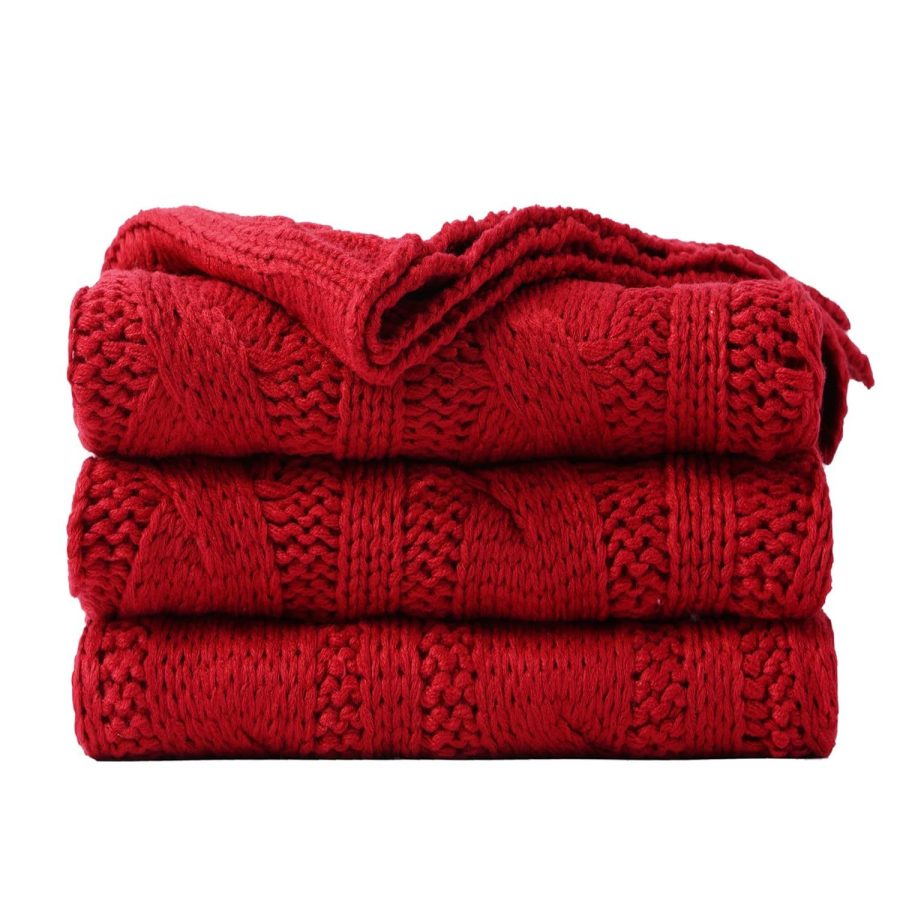 Red Cable Knit Throw Blankets For Couch, Super Soft Warm Cozy Decorative Knitted