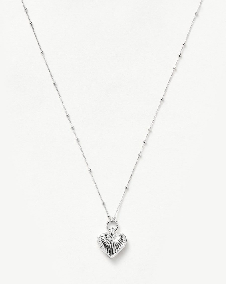 Ridge Heart Charm Pendant Necklace | Silver Plated