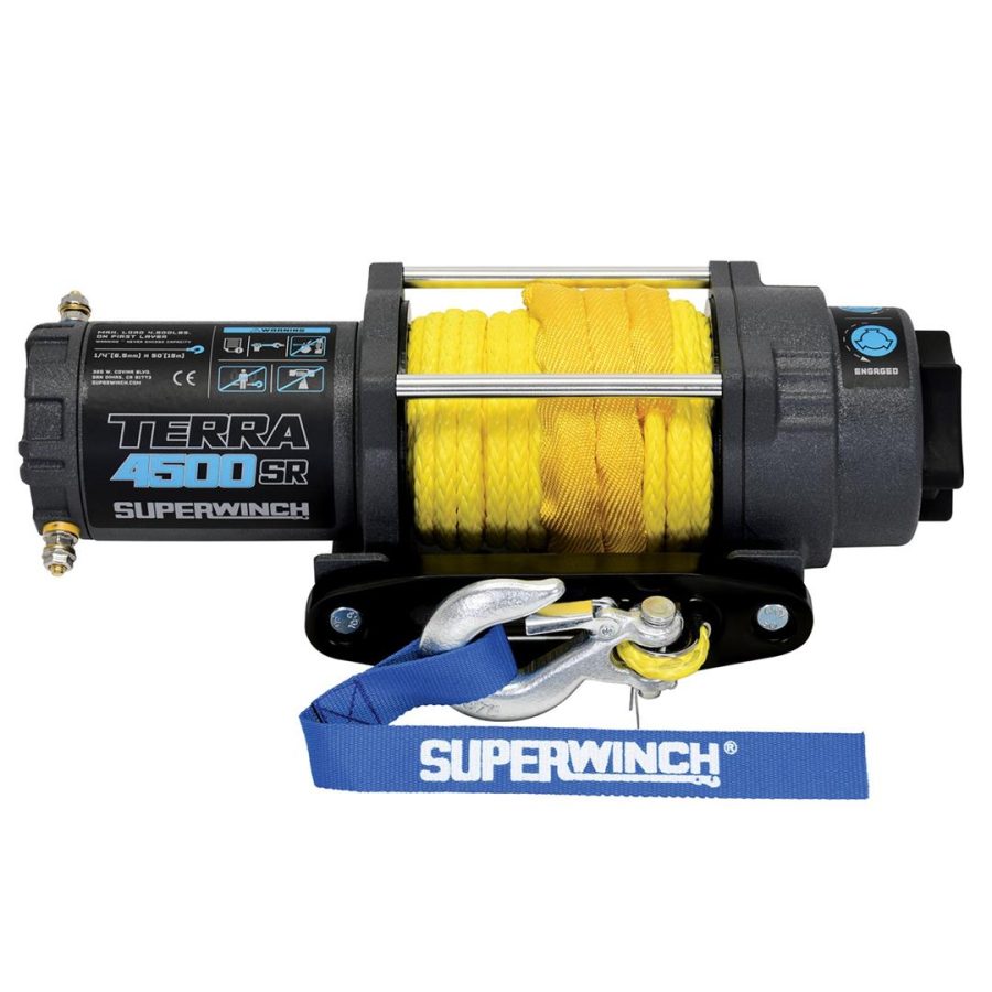 SUPERWINCH 1145270 1145230 Terra 45 4500lbs/2046kg single line pull with hawse, handlebar mnt toggle, handheld remote, and synthetic rope