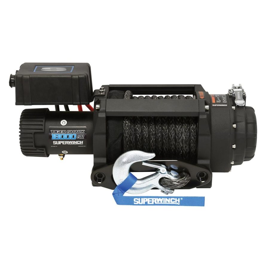 SUPERWINCH 1518001 Tiger Shark 18000SR 12V DC Winch 18,000lb/8165kg Single Line Pull with Hawse Fairlead, 33/64 INCH x 80FT Synthetic Rope, Corded Handheld Remote