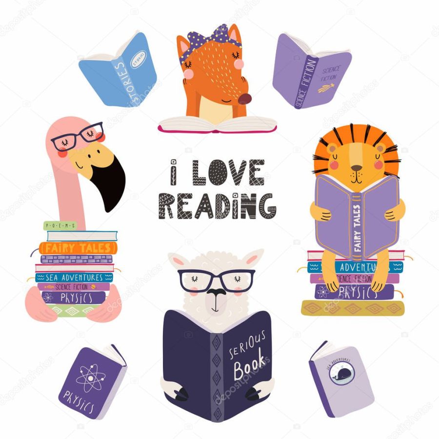 Set of cute funny animals with books and quote I love reading Isolated objects on white background. Hand drawn vector illustration. Scandinavian style flat design. Concept kids print.