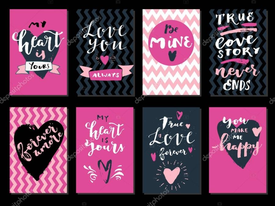 Set of love quotes with hearts. My Heart Is Yours, Forever Amore, Be Mine, Love Me, True Love Story Never Ends, You Make Me Happy. Modern calligraphy, hand lettering. Vector illustration