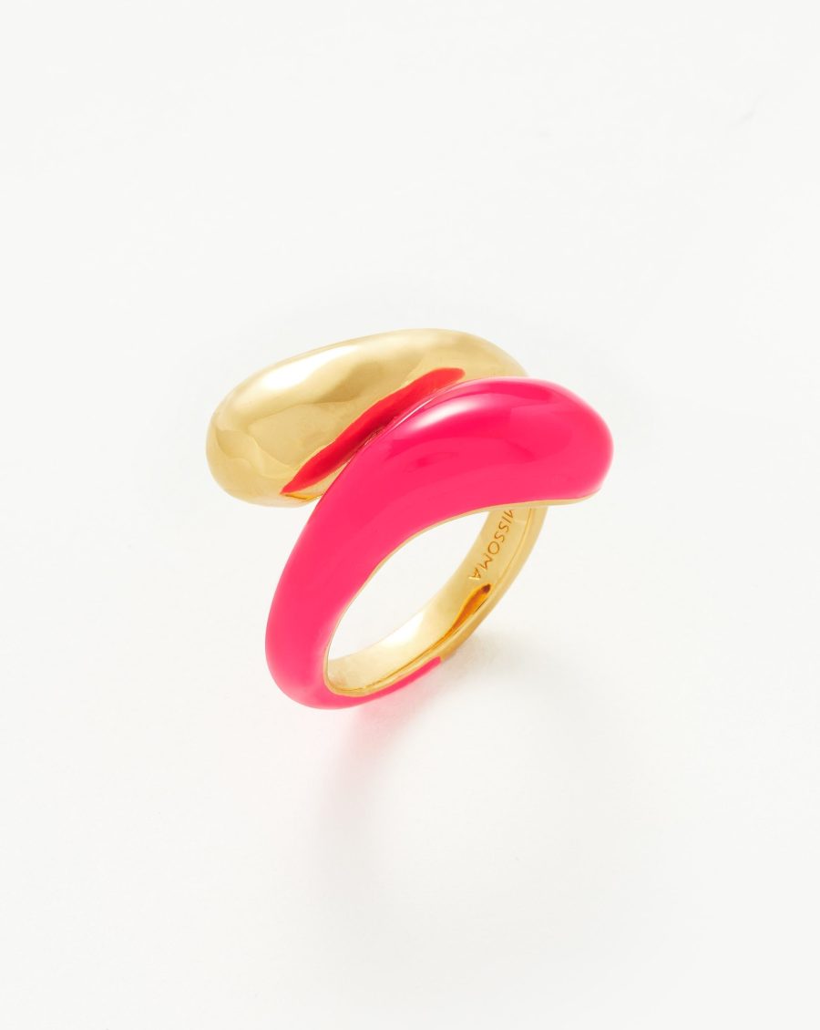Squiggle Two Tone Enamel Crossover Ring | 18ct Gold Vermeil/Hot Pink